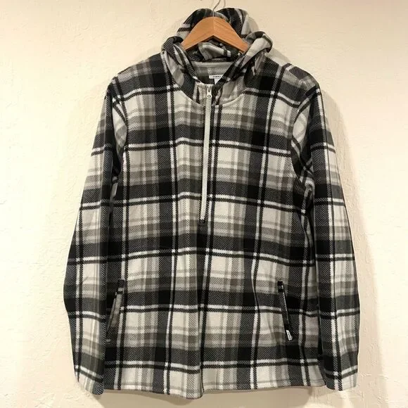 ~ O'Neill XL Fleece Jacket Black Gray Plaid Hoodie Pockets Half Zip Unisex - Picture 2 of 12